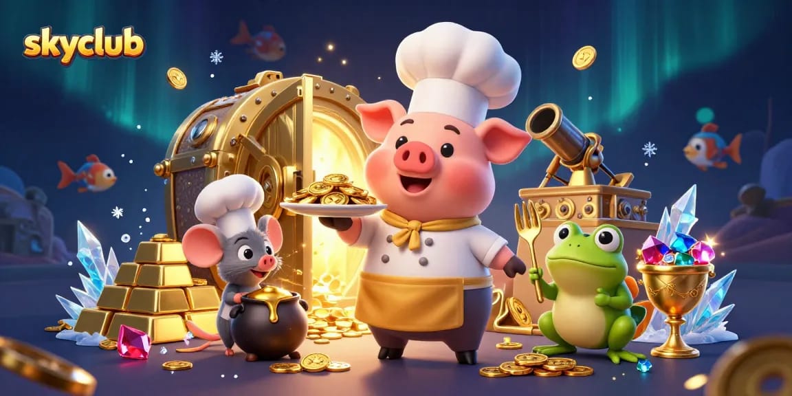 Engage with skyclub's exciting fish shooting game featuring vibrant characters and golden treasures.