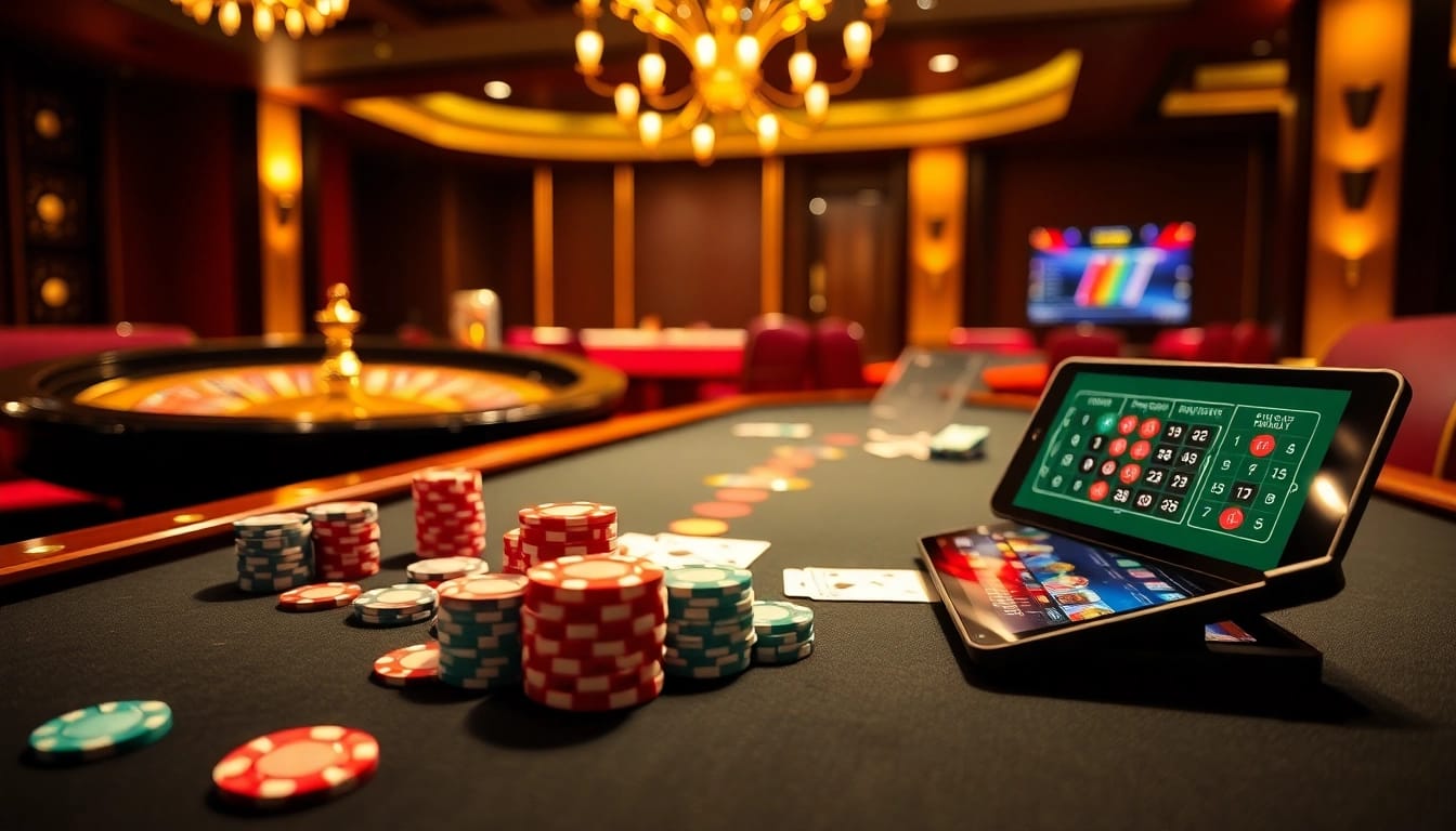 Engaging scene of a vibrant casino table featuring nk88 net poker chips and cards.