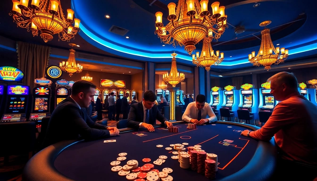 Exciting casino action at okfun okwin with poker table and vibrant slot machines.