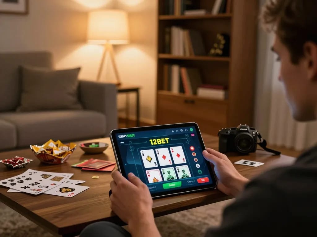 12bet player engages in online casino gaming on a tablet in a cozy home setting