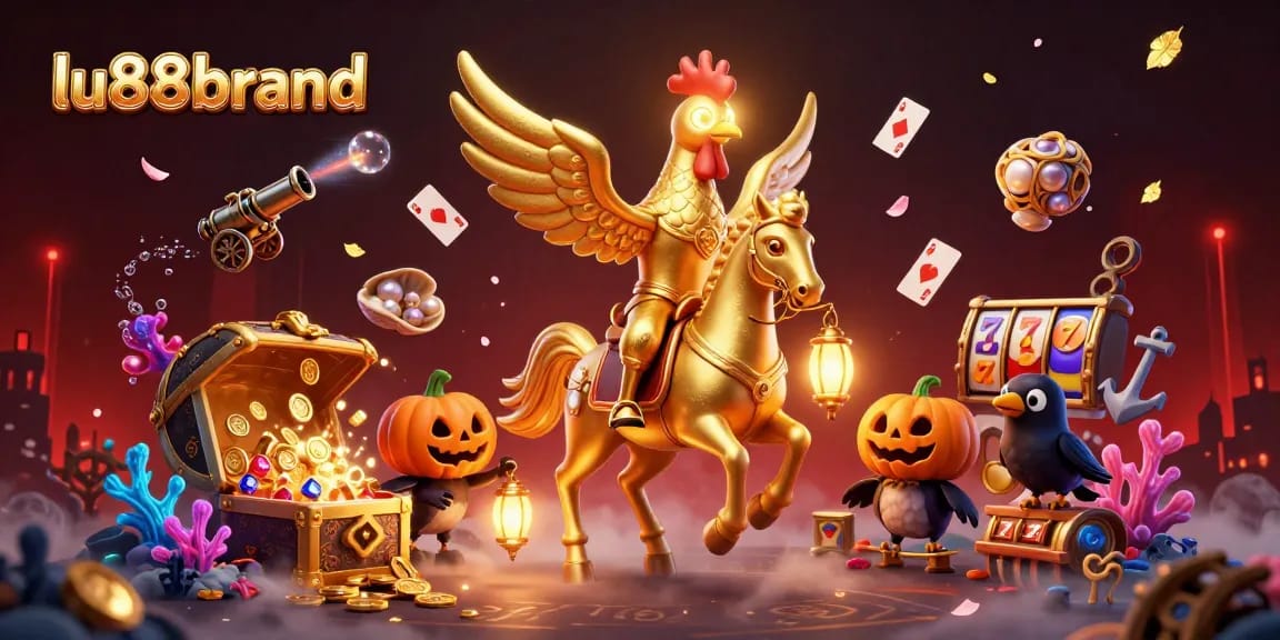 Experience the thrilling lu88brand casino atmosphere with golden rooster, treasure, and vibrant elements.