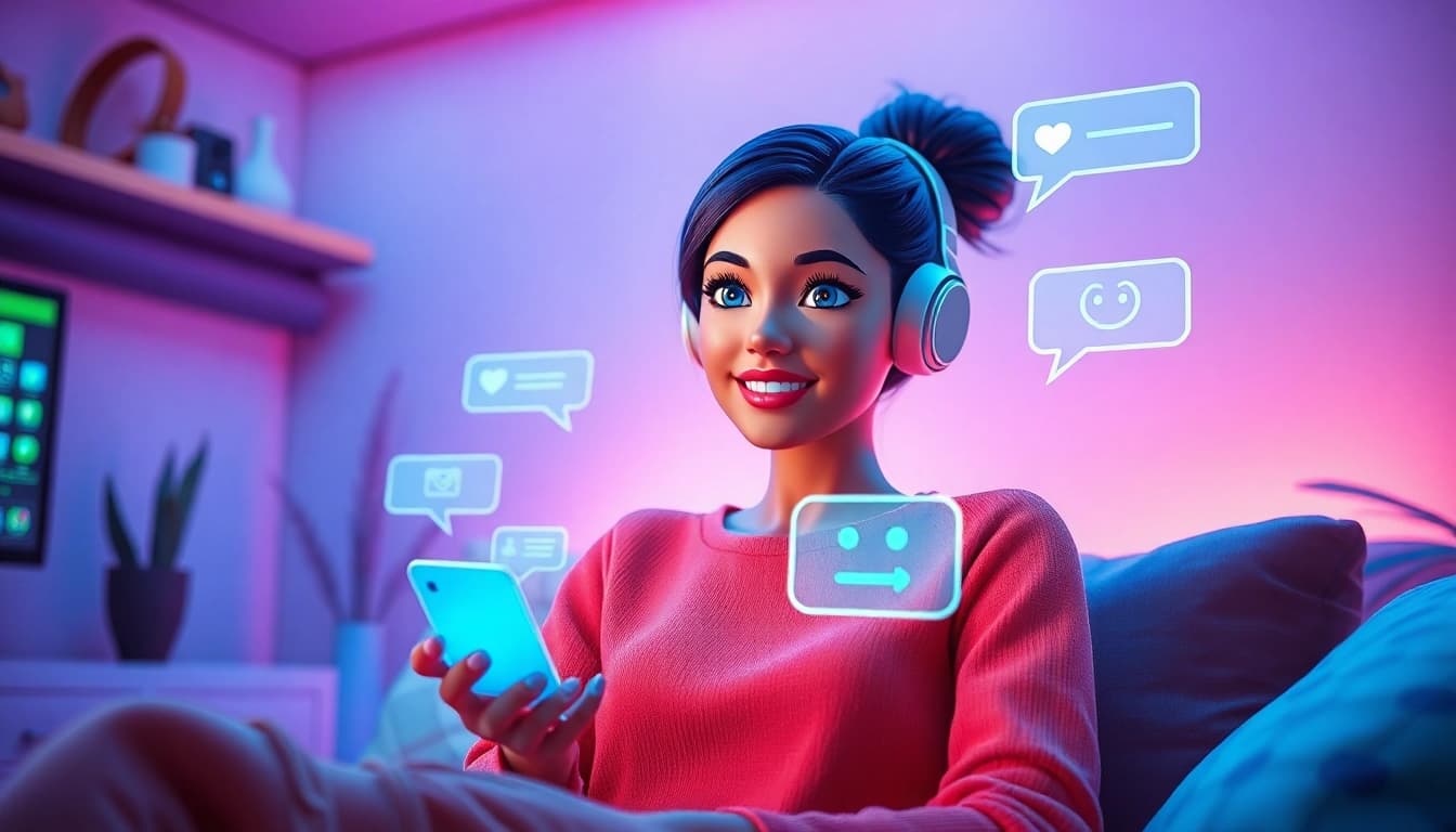 Realistic AI girlfriend engaging in friendly chat, symbolizing cutting-edge technology.