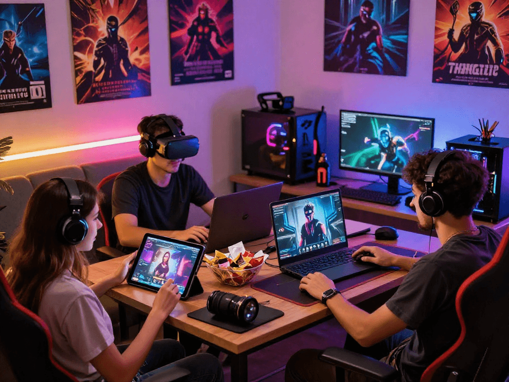 Engaging players enjoying a porn game online in a vibrant gaming nook filled with colorful decor.
