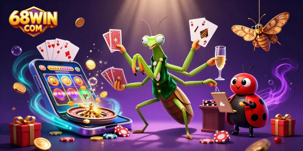 Experience exciting gameplay featuring 68WIN COM with a vibrant praying mantis dealer, ladybug pit boss, and rich casino-themed elements.