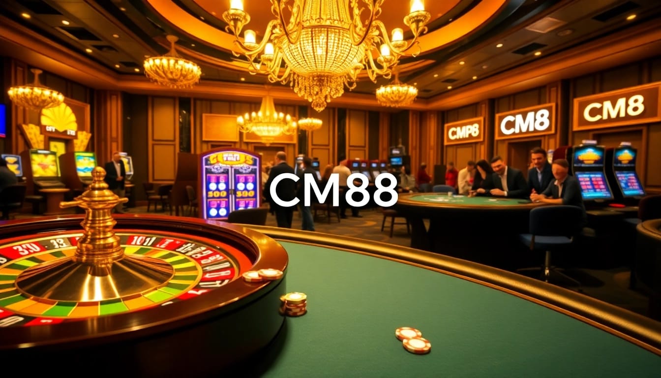 Experience the excitement of CM88 with a vibrant casino scene featuring roulette and poker games.