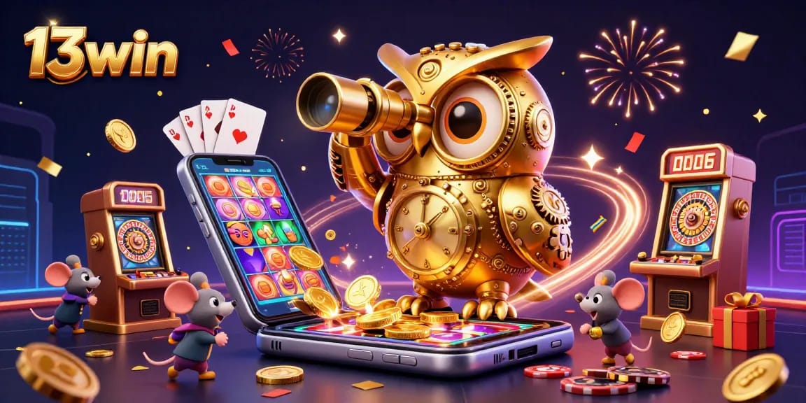 Experience thrilling wins with 13win in a vibrant casino scene complete with spinning slots and festive elements.