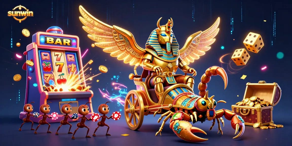 Engage with sunwin’s thrilling casino adventure featuring a colossal scarab beetle amidst dazzling jackpots and colorful games.