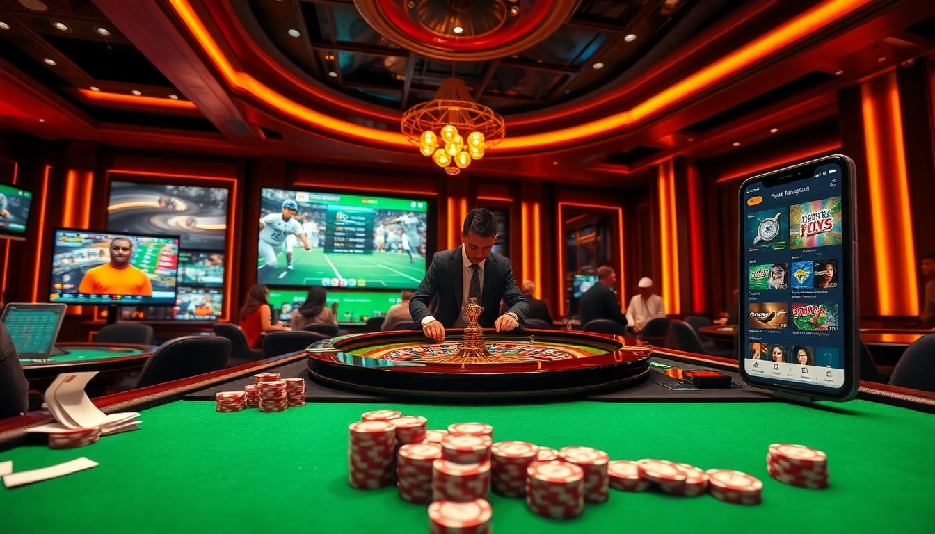 Experience the thrill of the FUN88 app in a vibrant casino scene, complete with roulette, poker chips, and betting slips.
