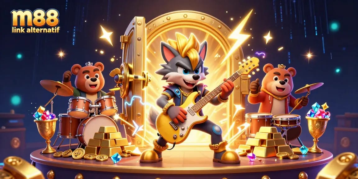 Experience vibrant casino excitement with M88 link alternatif showcasing rock star characters and golden treasures.