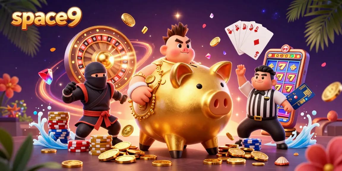 Experience thrilling gameplay at space9 Casino with dynamic gaming characters and colorful casino elements.