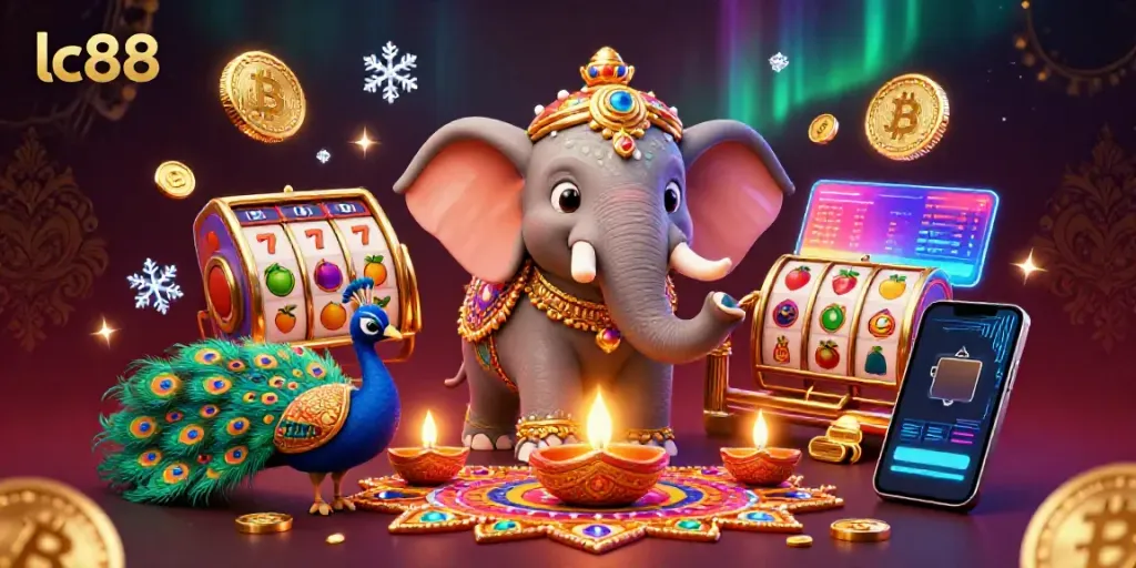Experience thrilling gameplay with lc88 as a vibrant elephant and peacock celebrate winning on dazzling slot machines.