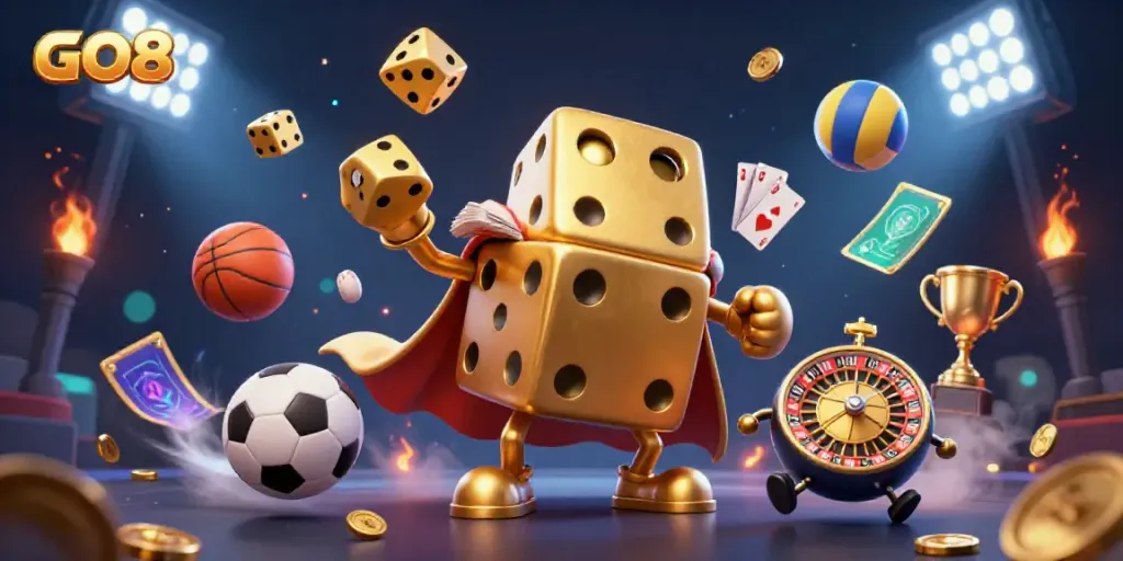 Experience thrilling GO8 gaming with a dynamic golden dice golem and sports elements in 3D