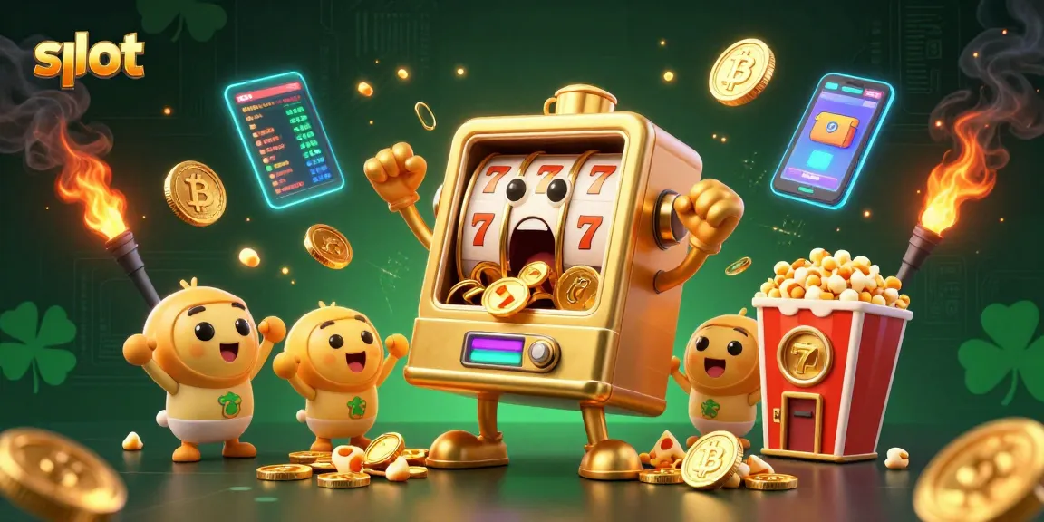 Exciting slot action with a vibrant golden slot machine hitting a jackpot as coins spill, featuring neon crypto coins.