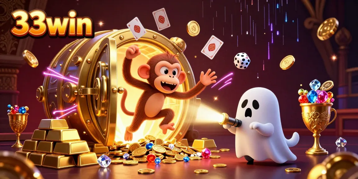 Khám phá casino tuyệt vời với 33win, nơi một chú khỉ ma quái và chó săn đang tận hưởng không gian đầy vàng và kho báu.