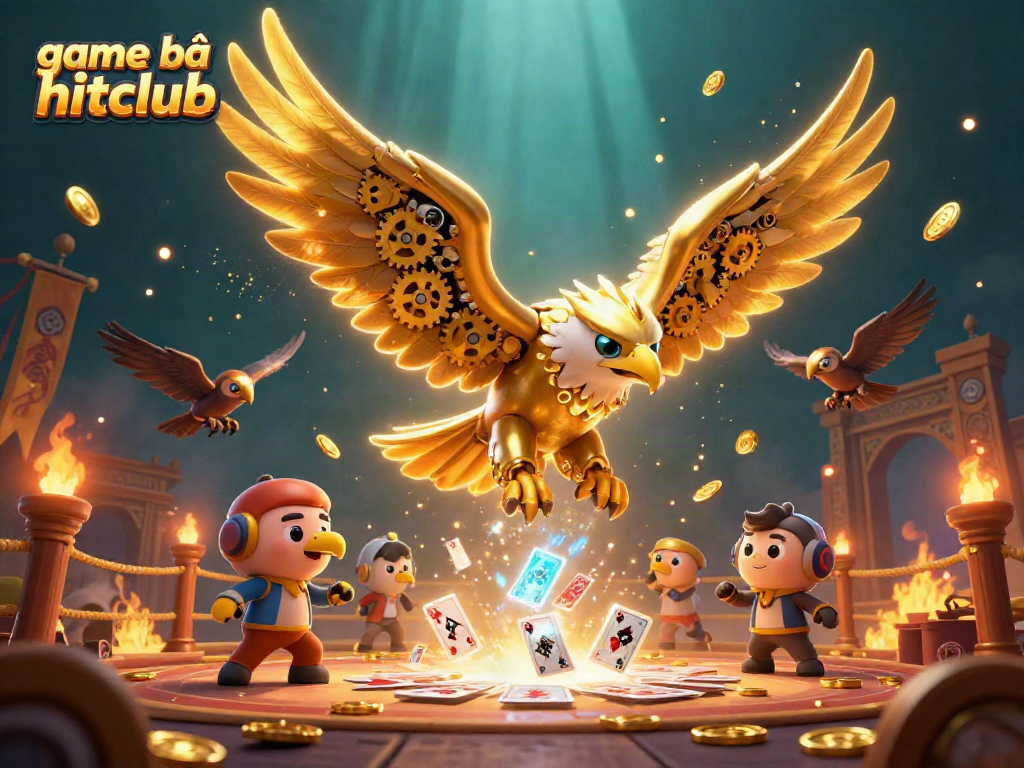 Engage with thrilling game bài hitclub featuring golden eagle and holographic cards in a fantasy casino