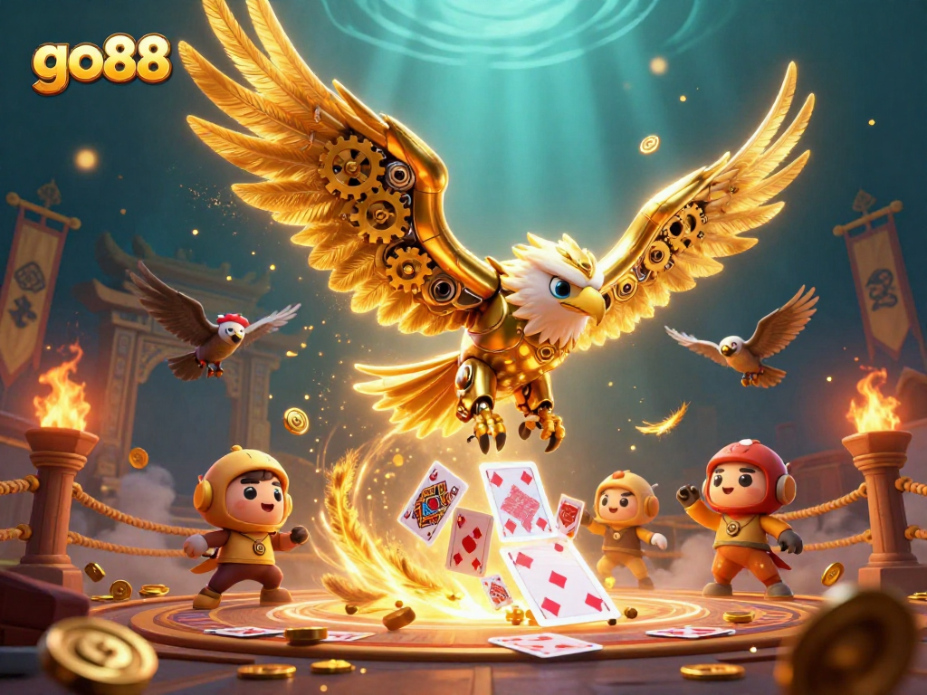 Engage with go88's vibrant 3D illustration of the golden eagle and gaming elements in a thrilling casino scene.