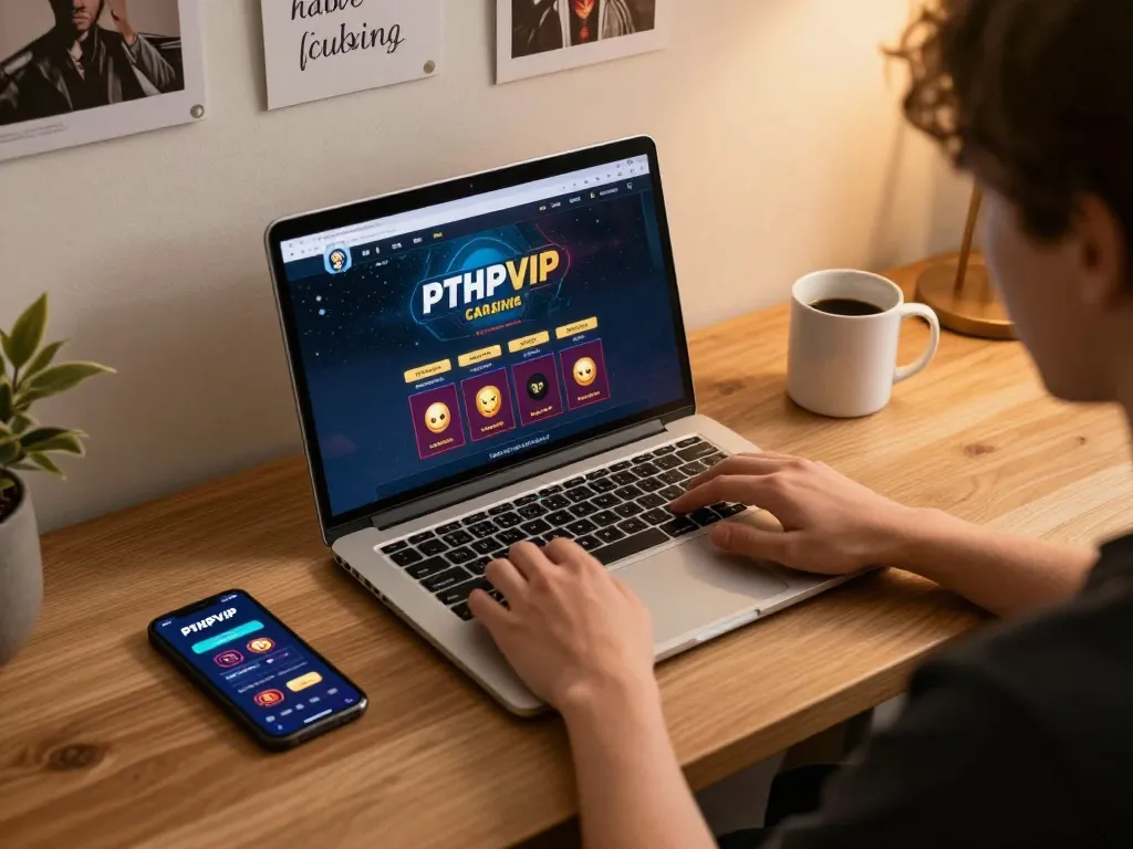 PHPVIP user engaging with online gambling on a laptop at a cozy home desk