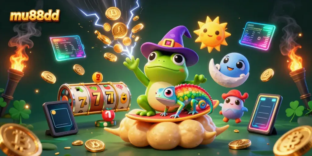 Experience thrilling wins at mu88dd with a lively illustration of a fantasy casino scene with magical elements.