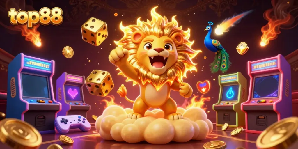 Experience the thrill of top88 with a vibrant casino scene featuring a roaring sun lion and golden dice.