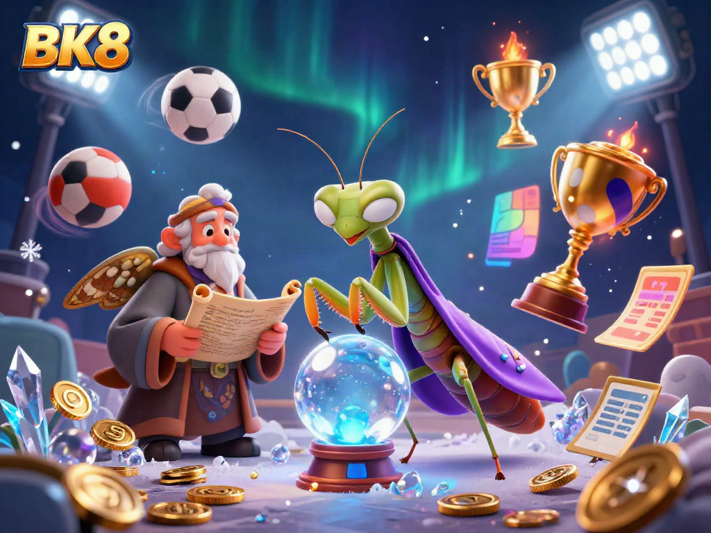 Engage in thrilling gambling action with BK8's vibrant 3D illustration showcasing fortune tellers and sports elements.
