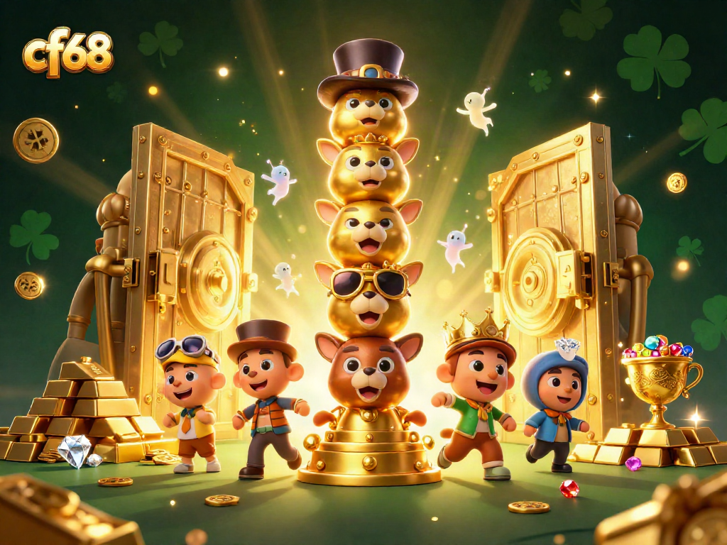 Experience the thrill of winning with cf68 at a lively casino scene filled with gold treasures and playful characters.