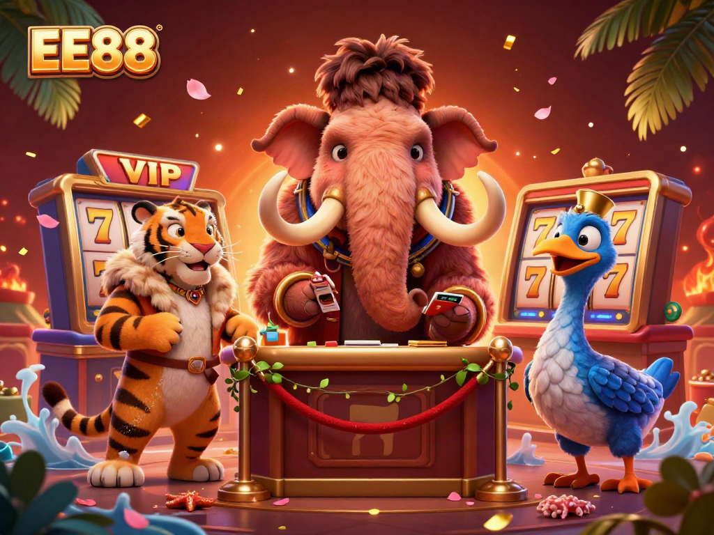 Experience the excitement of EE88 with a vibrant casino scene featuring unique characters.