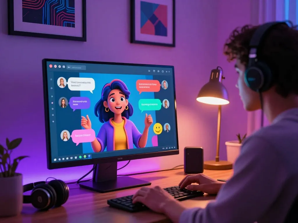 Interactive desktop scene showcasing ai nsfw chat with animated character, vibrant colors, and cozy atmosphere.
