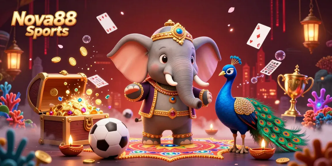 Engage in thrilling betting with Nova88 Sports, featuring a colorful elephant and vibrant sports elements.