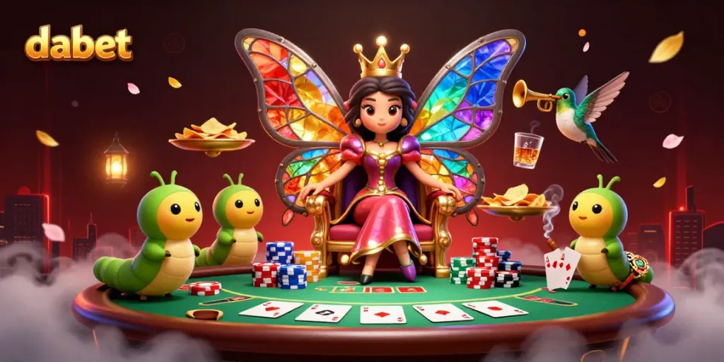 Dabet casino scene with a butterfly queen and poker elements creating a vibrant gaming atmosphere