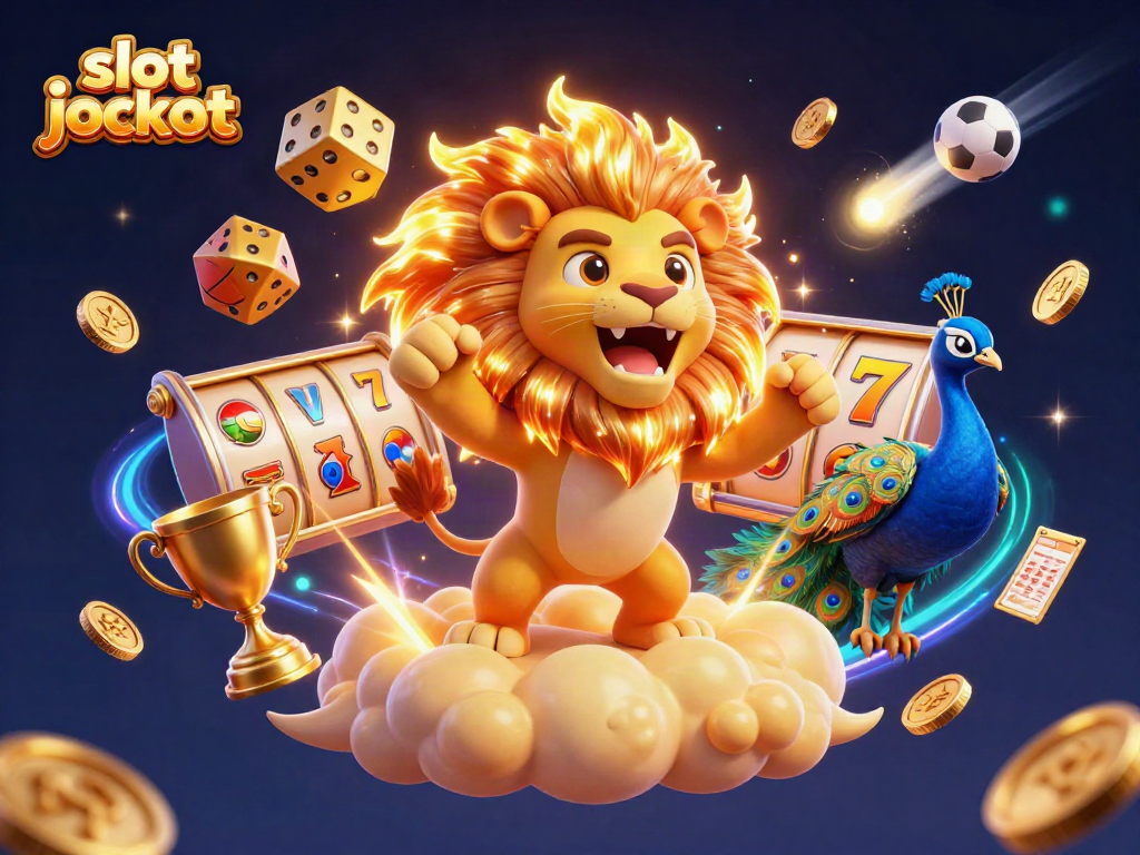 Experience the thrill of slot jackpot action with a roaring lion and dynamic gaming elements.