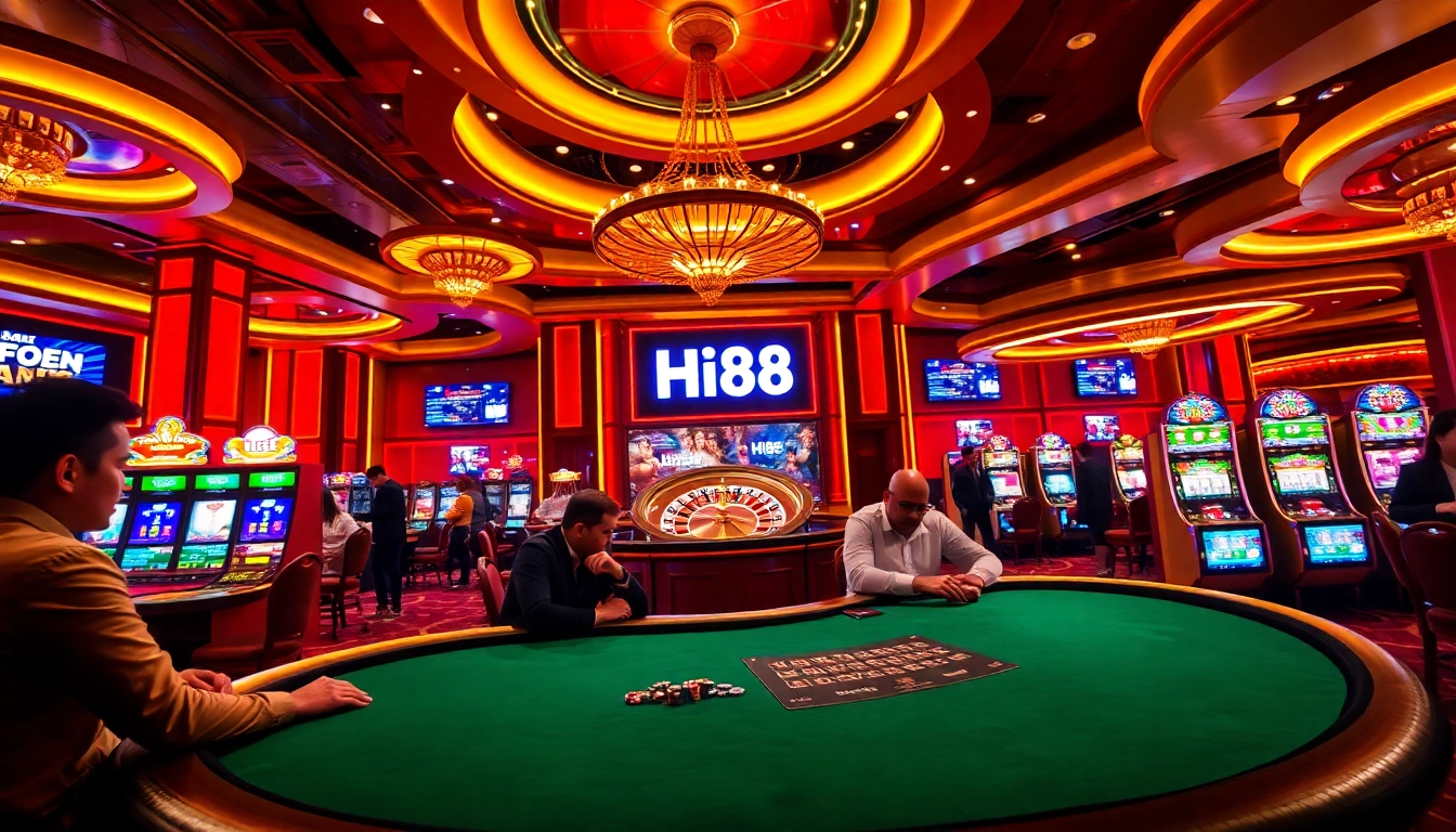 Hi88 players engaged in high-stakes poker at a luxury casino table, showcasing excitement and strategy.