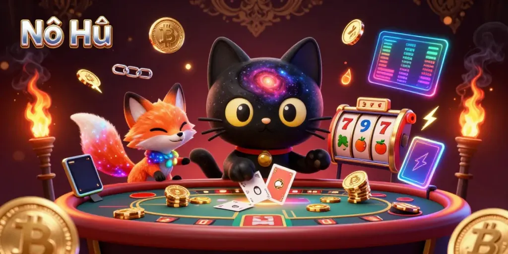 Nổ Hũ showcases a cosmic cat amidst vibrant gambling elements in a digital casino.