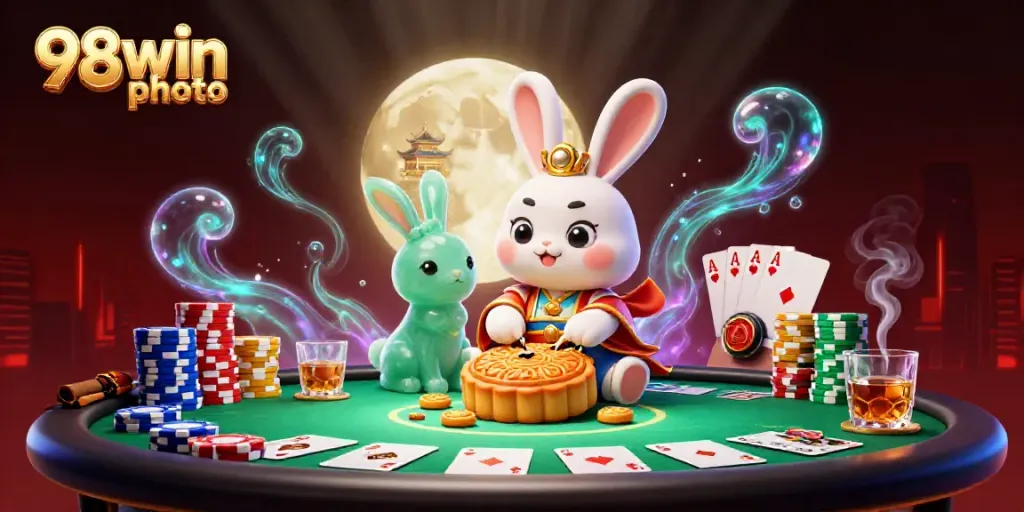 Engage in thrilling gameplay with 98win photo showcasing a cartoon moon rabbit surrounded by poker elements.