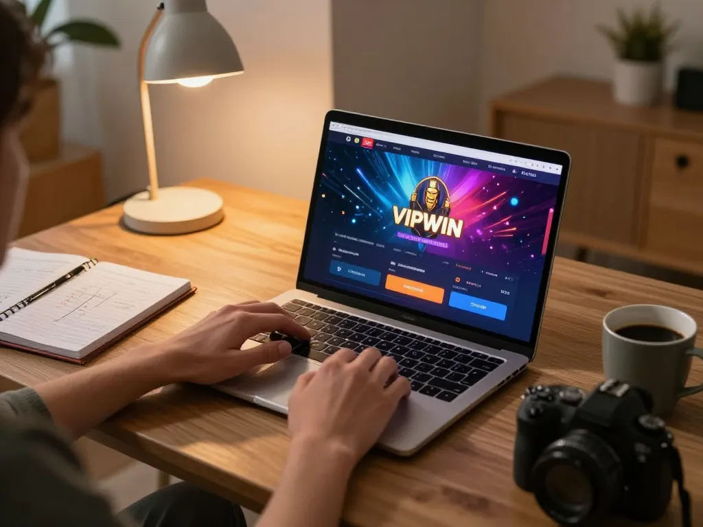 Player engaging with VIPWIN on laptop showcasing online gambling features in a cozy home setting