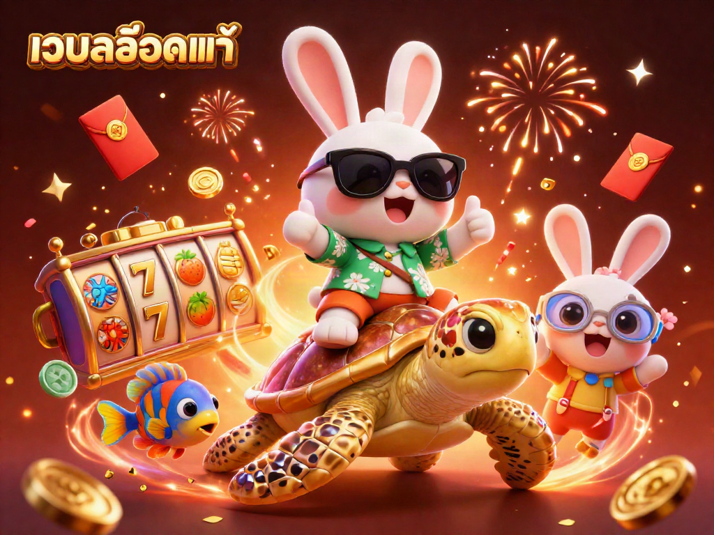 Engaging scene illustrating เว็บสล็อตแท้ with a lucky rabbit and a golden sea turtle amid vibrant casino symbols and festive fireworks.