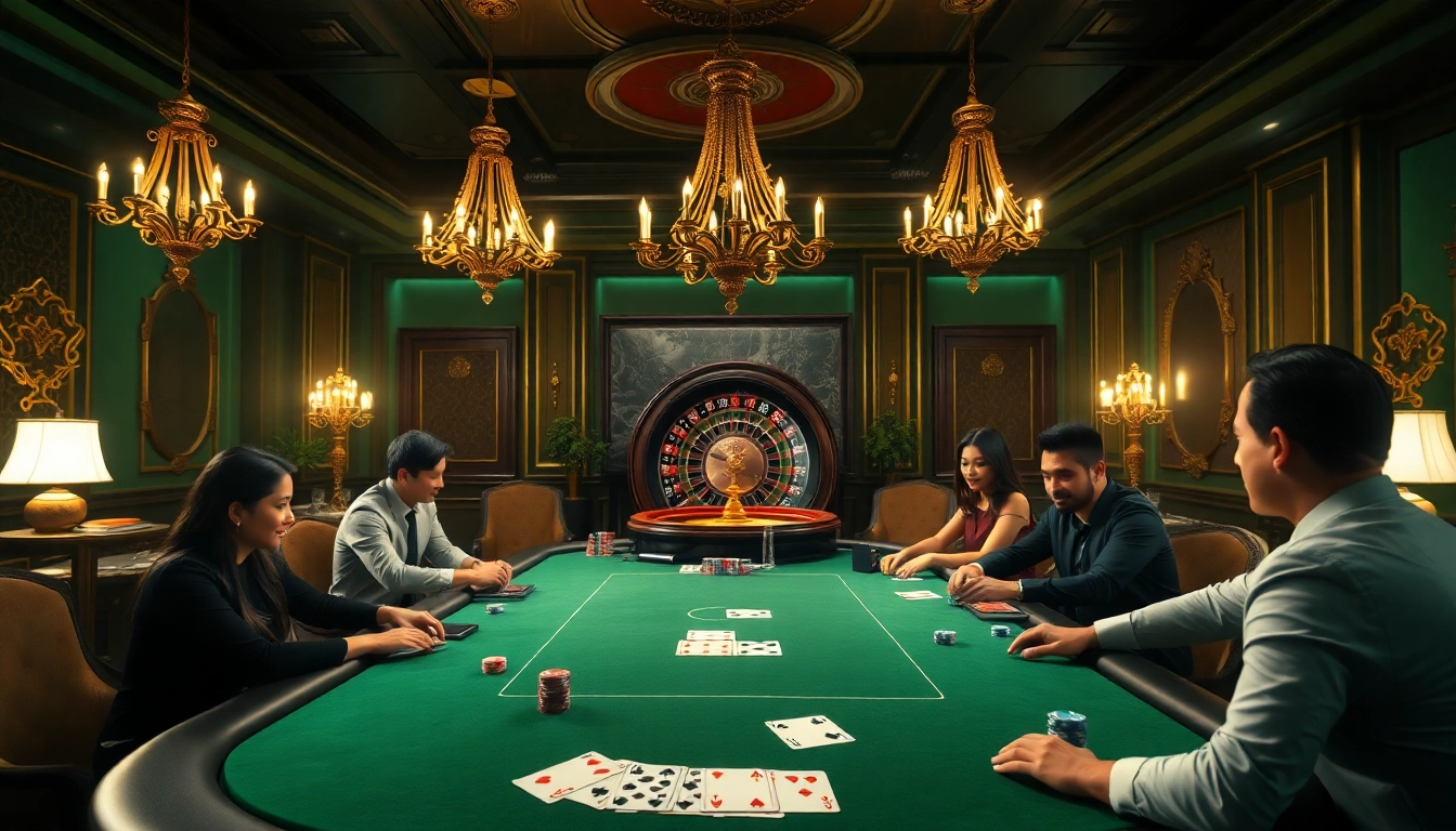 Excitement at a poker table showcasing Trang chủ Zbet with colorful chips and stylish players.
