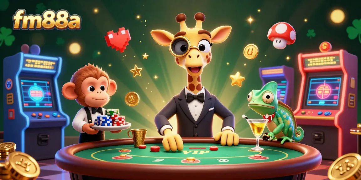 Experience excitement at fm88a with a vibrant 3D casino scene featuring unique characters and gaming elements.