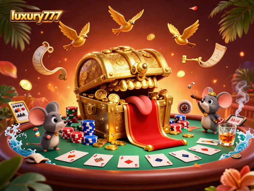 Experience the thrill of luxury777 with a 3D illustration of an enchanting treasure chest and poker elements.