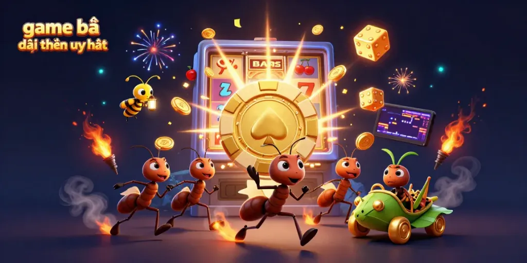 Experience game bài đổi thưởng uy tín with a team of cartoon ants and a jackpot slot machine.