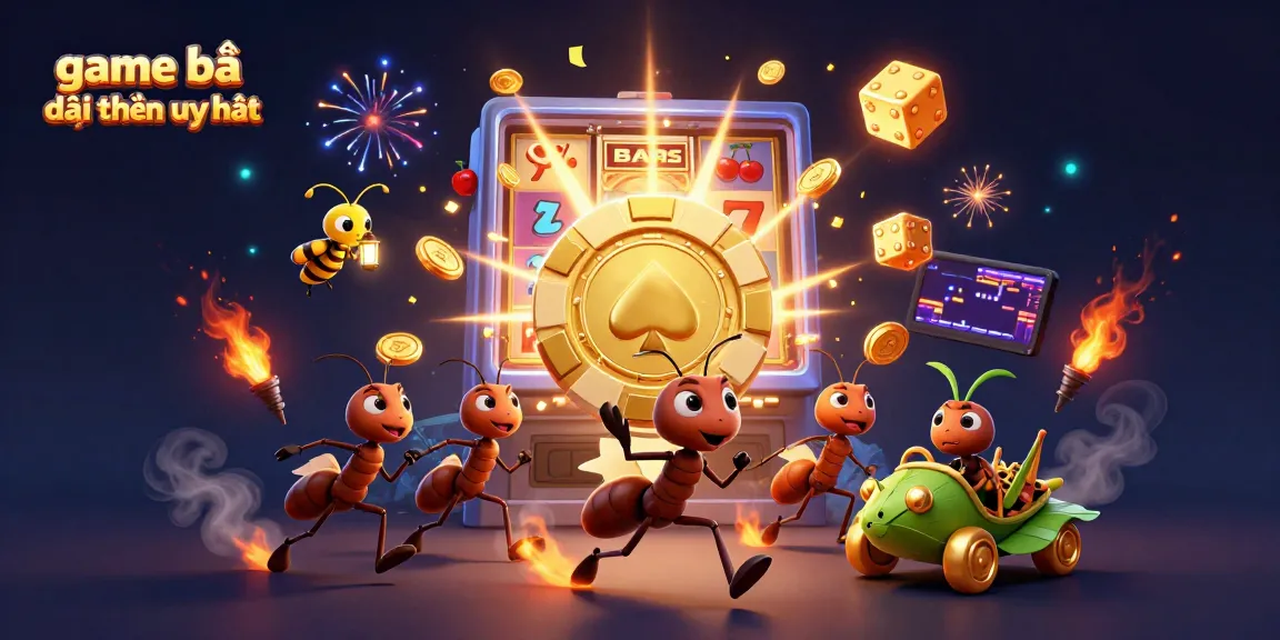 Experience game bài đổi thưởng uy tín with a team of cartoon ants and a jackpot slot machine.