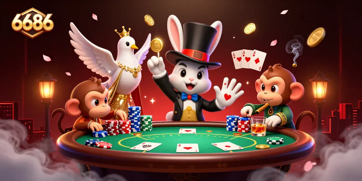 Experience 6686's vibrant gaming scene with cartoon characters engaging in gambling.