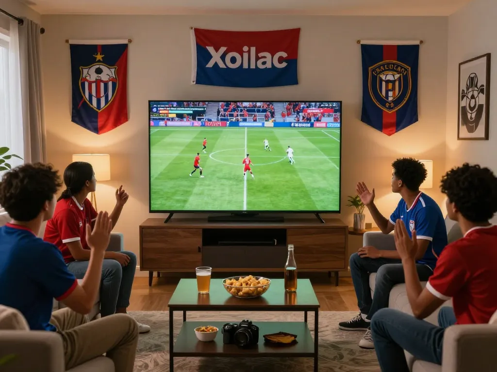 Xoilac football fans enjoying a live match in a cozy setting with high-definition streaming