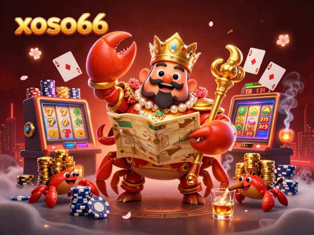 Engage in thrilling wins at xoso66, featuring a golden crab emperor with treasures and vibrant gaming elements.
