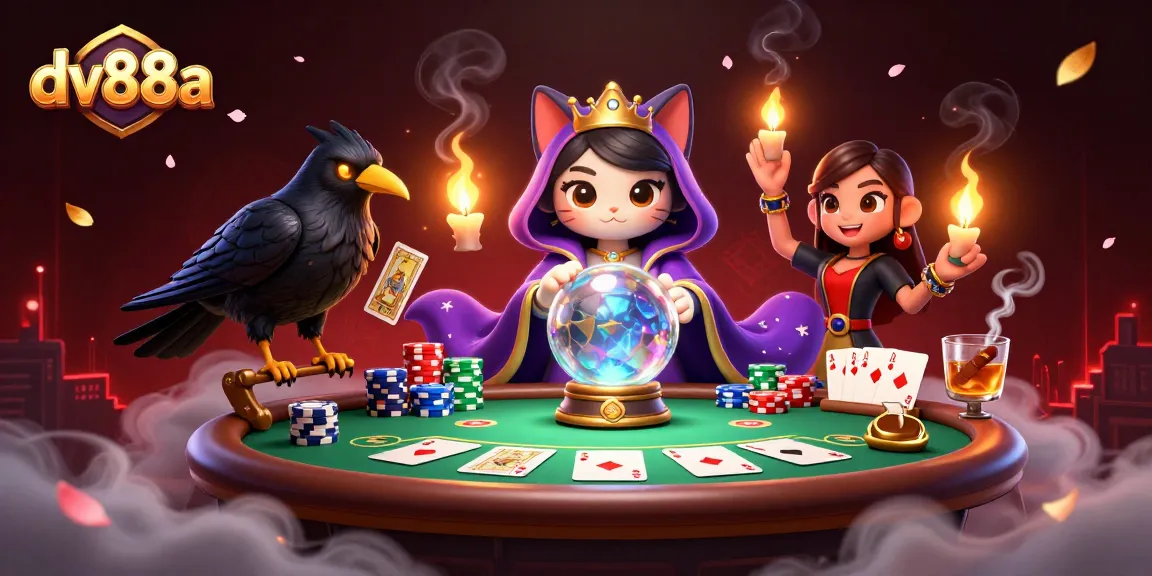 Experience the vibrant entertainment of dv88a with a mystical cat, raven, and poker elements.