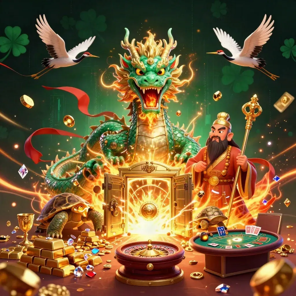 Emerald dragon, turtle sage, and cranes amid treasure, casino lights, and fiery neon energy.