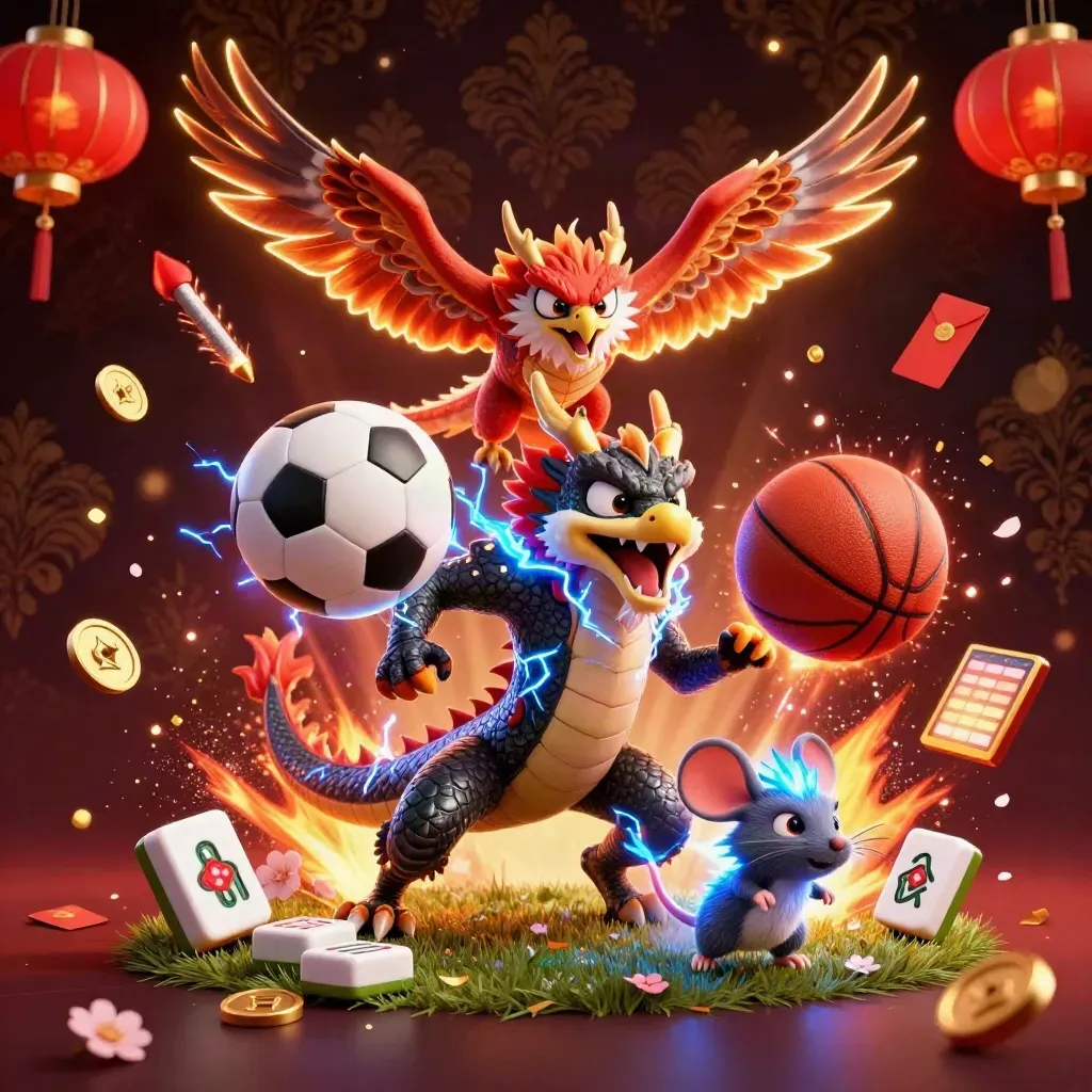 Thunder dragon, glowing hawk, and static mouse amid casino sports props and lightning.