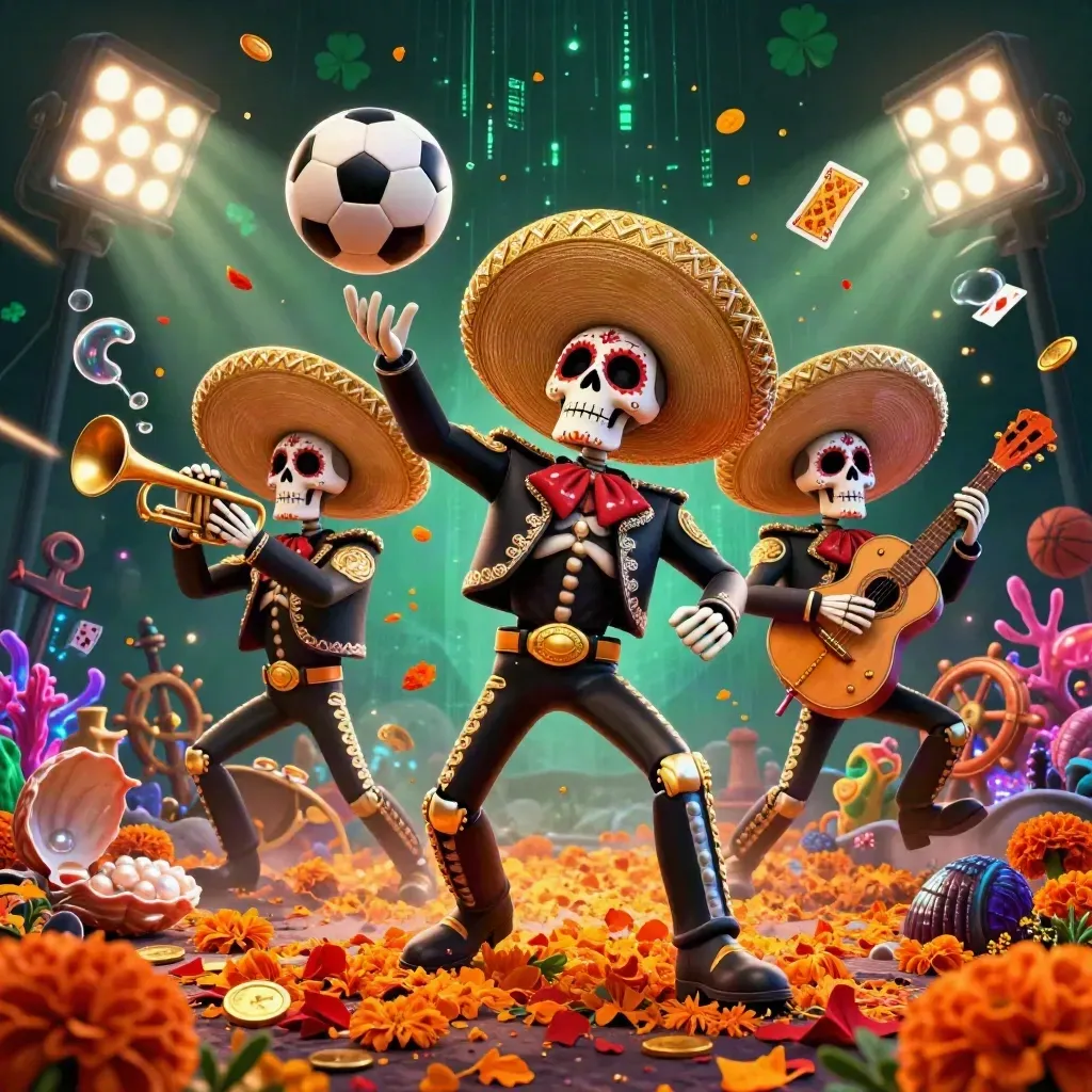 Day-of-the-Dead skeleton mariachi trio, soccer ball, coins, coral, cards and neon casino sparks.