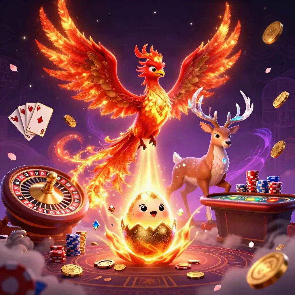 Fire phoenix, hatchling, stag, roulette wheel, coins, gems, and glowing casino magic in a dark luxe scene.