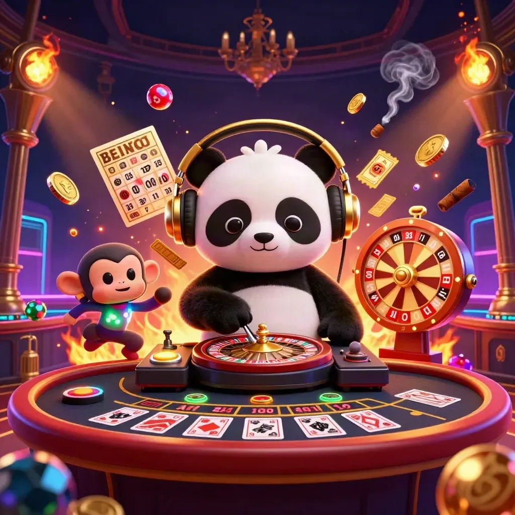 DJ panda, monkey, and glow-stick kitten in a fiery casino splash scene