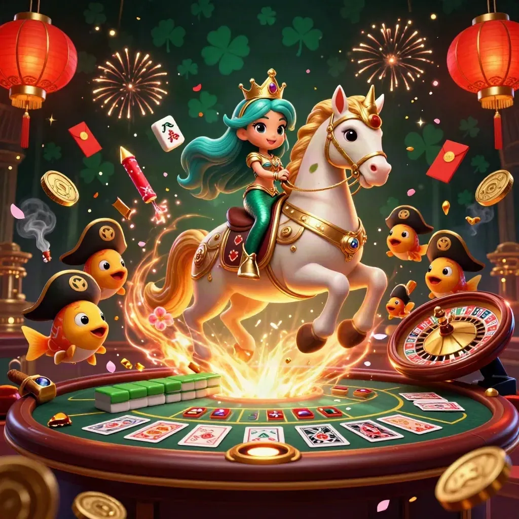 Mermaid princess on a gold seahorse amid casino lanterns, coins, fireworks, and emerald glow.